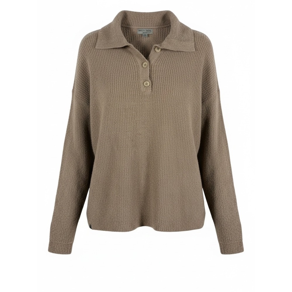Barefoot Dreams CozyChic Lite Ribbed Polo Sweater Tan Women S Super Soft Ski EUC